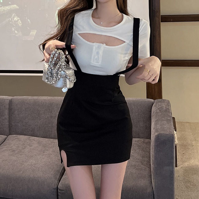 Cutout Short Sleeve T-Shirt Slit Suspender Skirt Suit