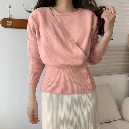 Waist-In Fake Two-Piece Three-Button Knit Sweater