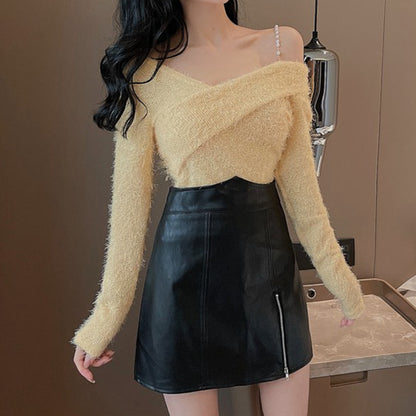 One Shoulder Cross Top Zip Leather Skirt Set