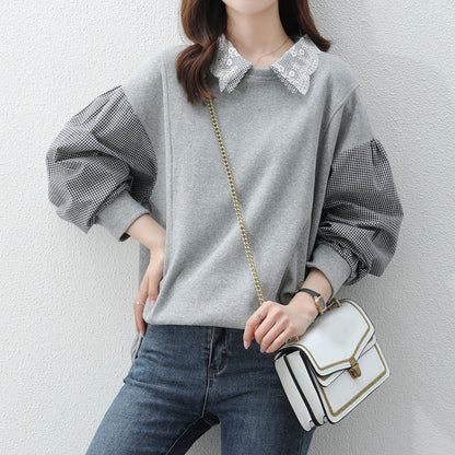 Lace Lapel Plaid Long Sleeve Loose Sweatshirt