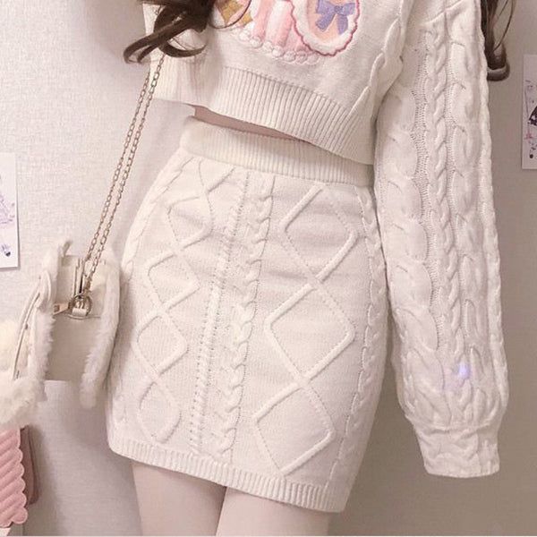 Twist Long Sleeve Rabbit Sweater Knit Skirt Set