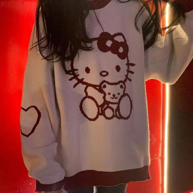 Loose soft contrast color cartoon hello kitty knit sweater top – DRESSVY