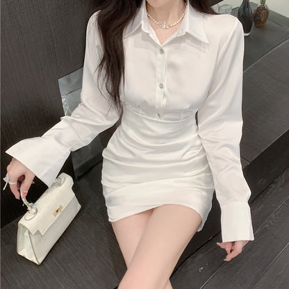 Satin Lapel Button Long Sleeve White Shirt Dress