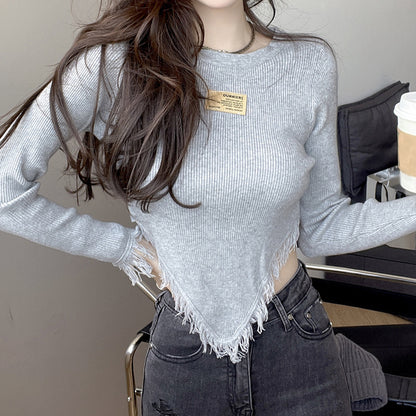 Irregular Fringe Label Long Sleeve Knit Top