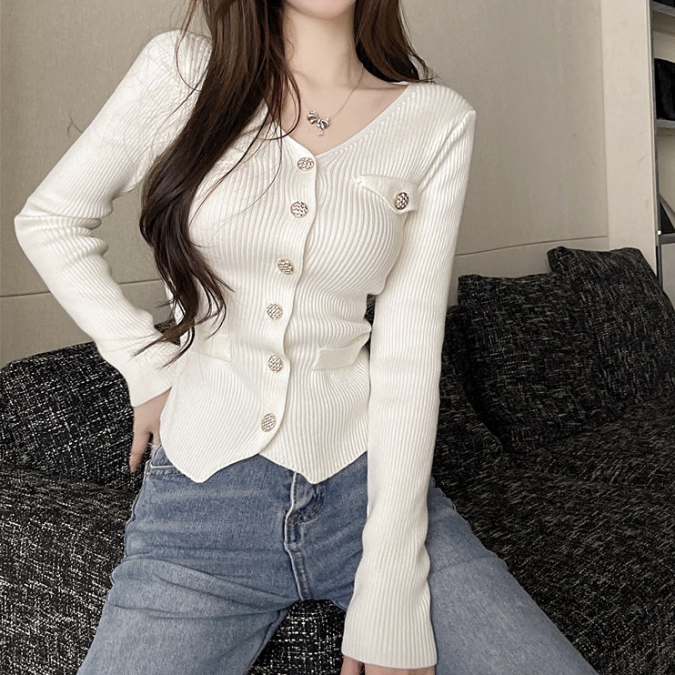 V-Neck Knit Cardigan Top Pocket Gold Button Sweater