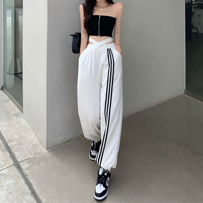 Colorblock Sweatpants Striped Cross-Tie Jogging Trousers