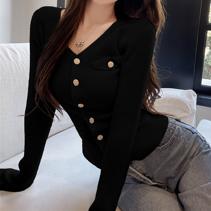 V-Neck Knit Cardigan Top Pocket Gold Button Sweater