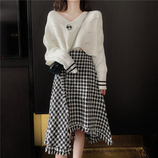 Suit Long-Sleeved Knitted Sweater Woolen Skirt