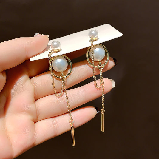 Pearl Tassel Temperament Long Earrings Versatile Round Face