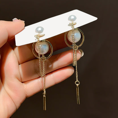 Pearl Tassel Temperament Long Earrings Versatile Round Face