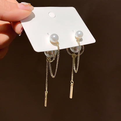 Pearl Tassel Temperament Long Earrings Versatile Round Face