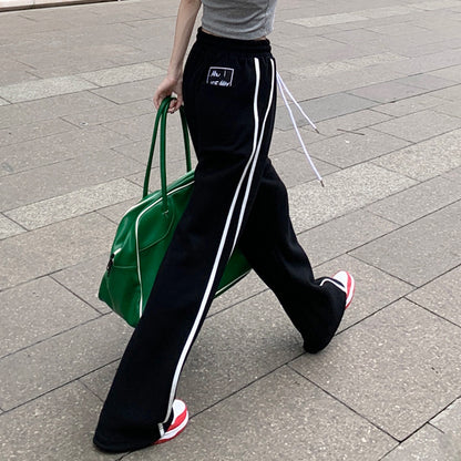 Black Striped Drawstring Pants Sports Jogging Trousers