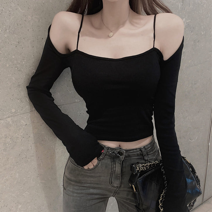 Off-The-Shoulder Top Suspender Long-Sleeve T-Shirt