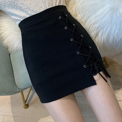 Black Cross-Tie Irregular High-Waist Skirt