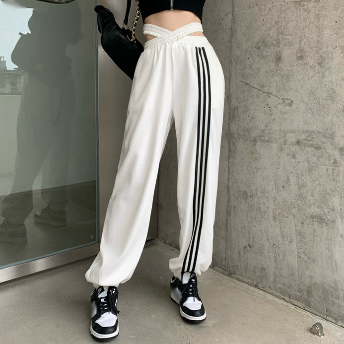 Colorblock Sweatpants Striped Cross-Tie Jogging Trousers