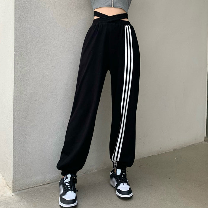 Colorblock Sweatpants Striped Cross-Tie Jogging Trousers