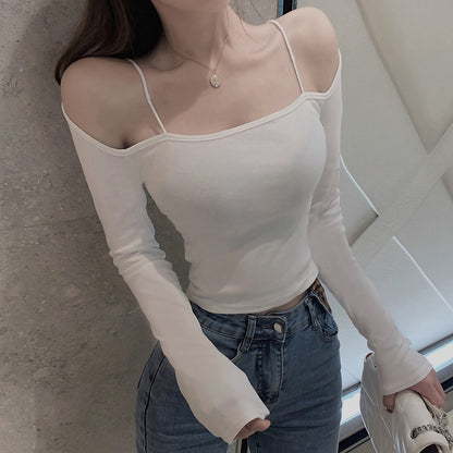 Off-The-Shoulder Top Suspender Long-Sleeve T-Shirt