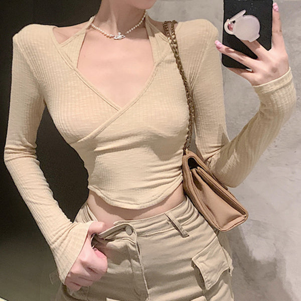 Versatile V-Neck Long Sleeve Cropped Top