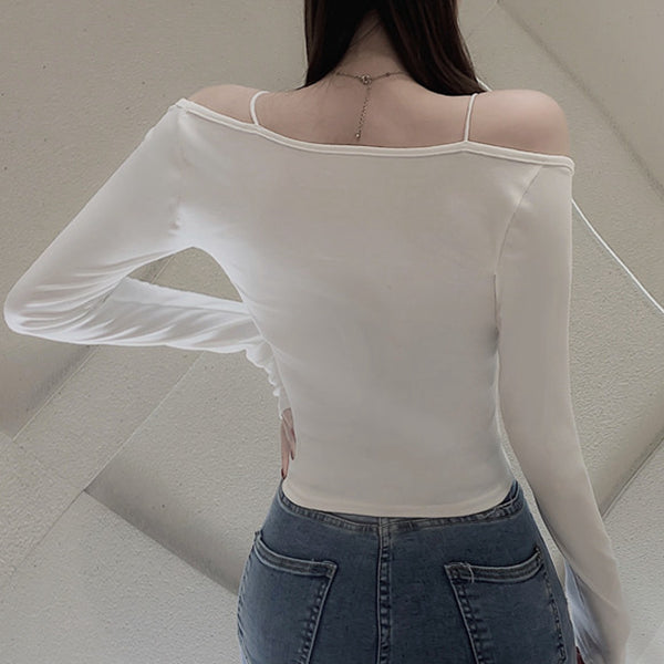 Off-The-Shoulder Top Suspender Long-Sleeve T-Shirt