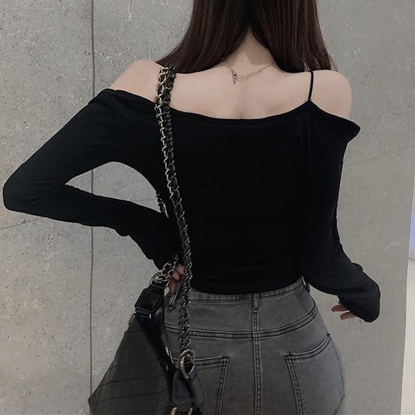 Off-The-Shoulder Top Suspender Long-Sleeve T-Shirt