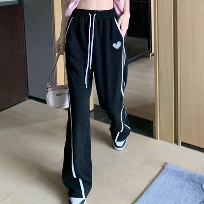 Black Striped Drawstring Pants Sports Jogging Trousers