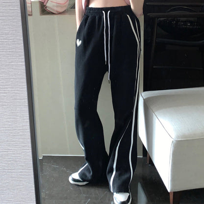 Black Striped Drawstring Pants Sports Jogging Trousers