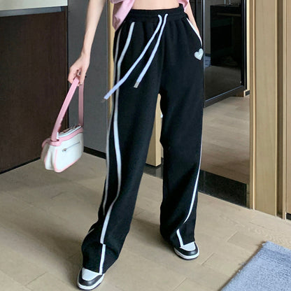 Black Striped Drawstring Pants Sports Jogging Trousers