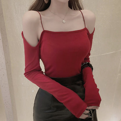 Off-The-Shoulder Top Suspender Long-Sleeve T-Shirt