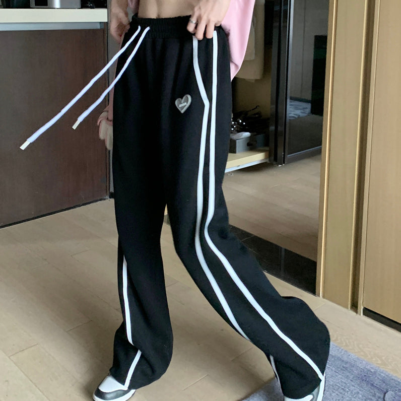 Black Striped Drawstring Pants Sports Jogging Trousers