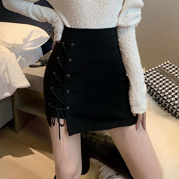 Black Cross-Tie Irregular High-Waist Skirt