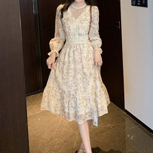 Printed Long-Sleeve Chiffon Floral Dress