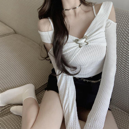 Off-Shoulder Butterfly Button Long Sleeve T-Shirt Top