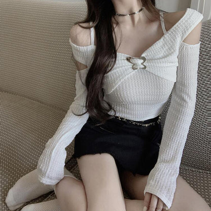 Off-Shoulder Butterfly Button Long Sleeve T-Shirt Top