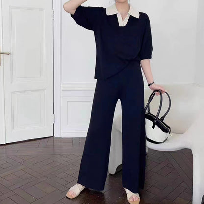 Polo Collar Knitted Sweater Wide-Leg Pants Set