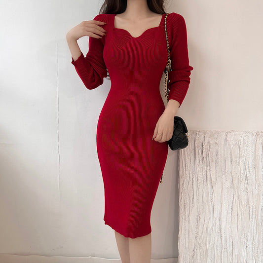 Inner Bodycon Hip Wrap Long Sleeve Knit Winter Dress