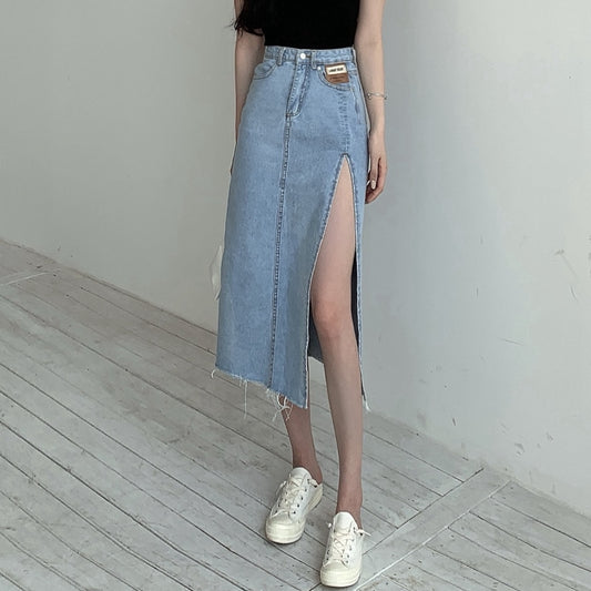 High Waist Side Slit Denim A-Line Skirt