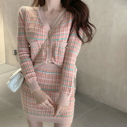 Long Sleeve Knitted Cardigan Skirt Suit