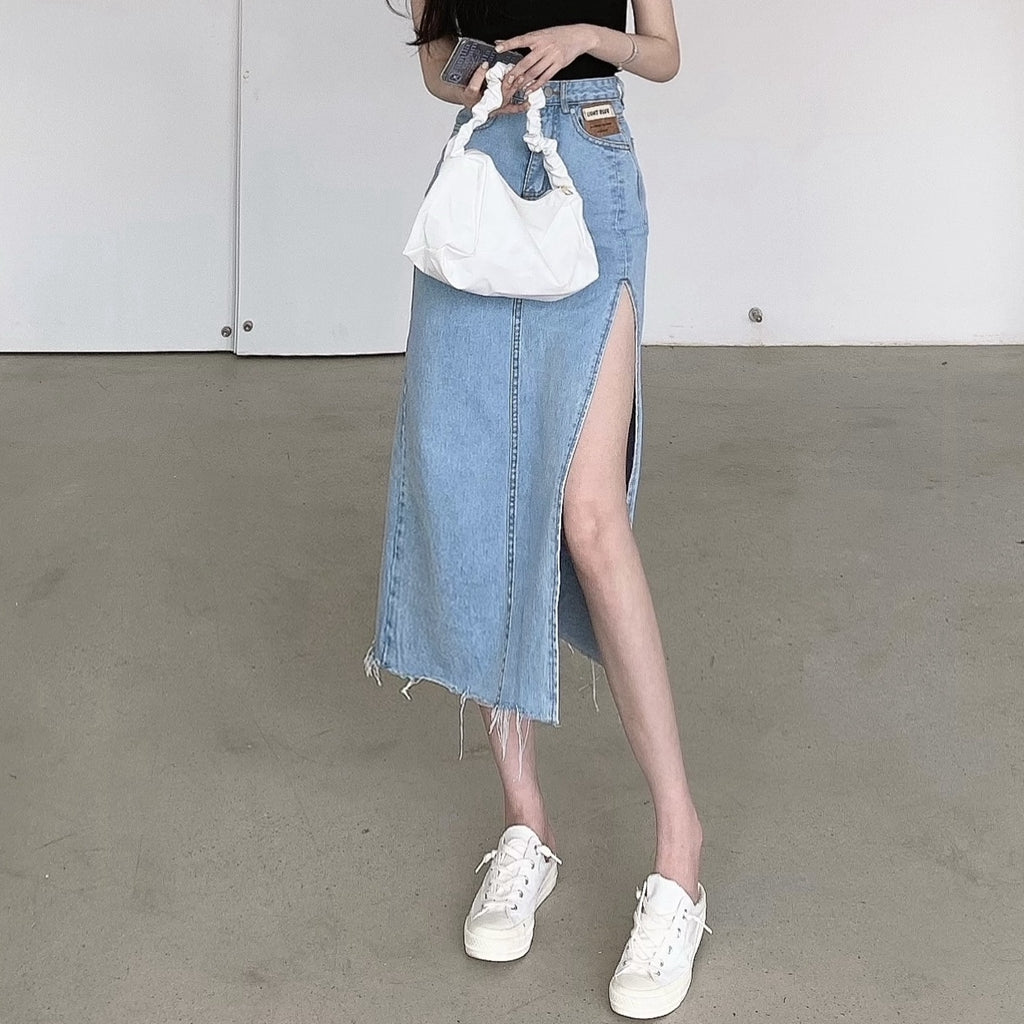 High Waist Side Slit Denim A-Line Skirt