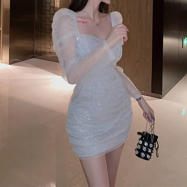 70% Long Sleeve V-Neck Tube Top Sequined Mesh Formal Dress