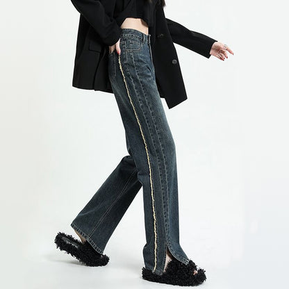 High Waist Jeans Slit Raw Edge Wide Leg Pants