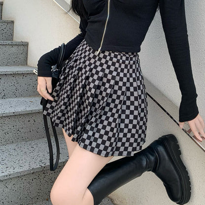 V-Neck Puff Sleeve Knit Top Checkerboard Skirt