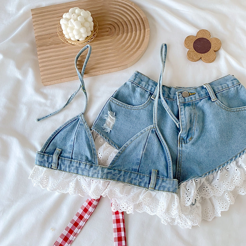 Lace-Trimmed Denim Top Elasticated Waist Shorts Set