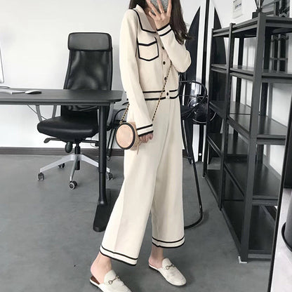 Pocket-Breasted Top Knit Wide-Leg Pant Set