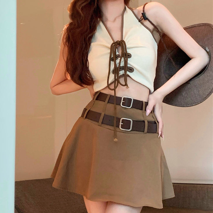 Halter Neck Tie Tank Top Belt Short Skirt Suit