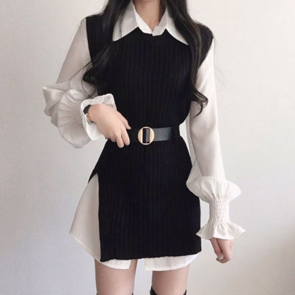 Flared Sleeve Shirt Belt Knitted Vest Winter Dress Set