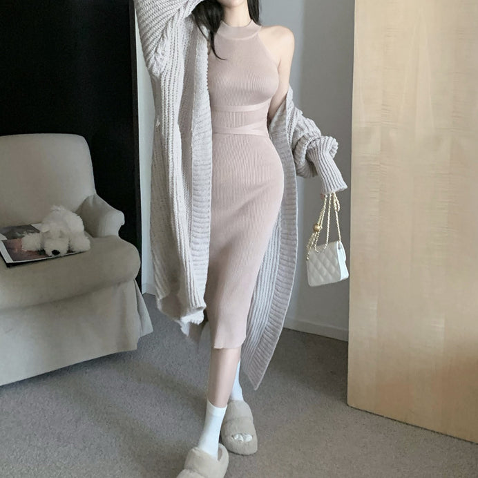 Knit Halter Dress Long Sweater Cardigan Set