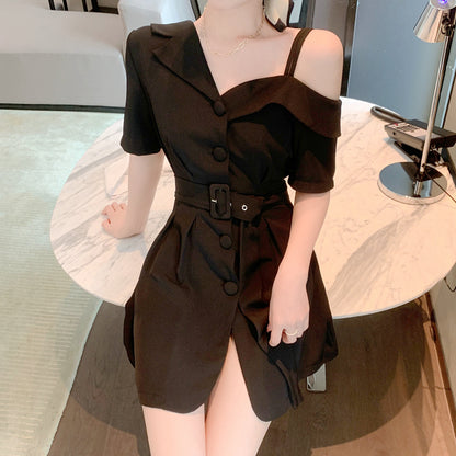 One-Shoulder Belt Waist Short-Sleeved Suit Dress