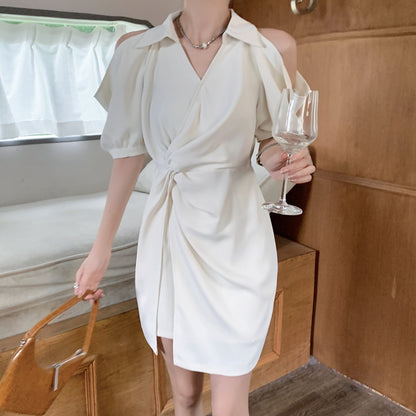 Off-Shoulder Pleated V-Neck Slit Shirt Dress