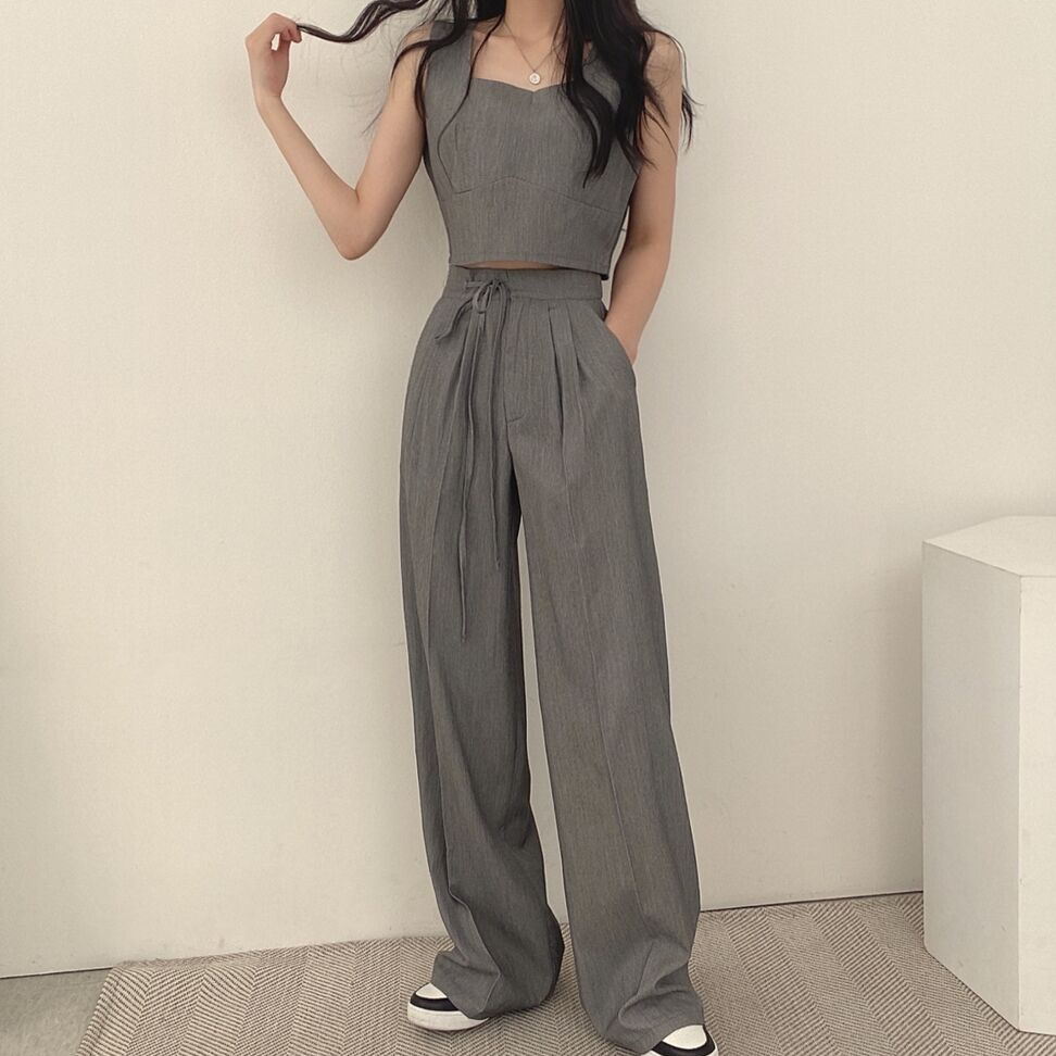 Sleeveless Vest Drawstring Wide-Leg Pants Set