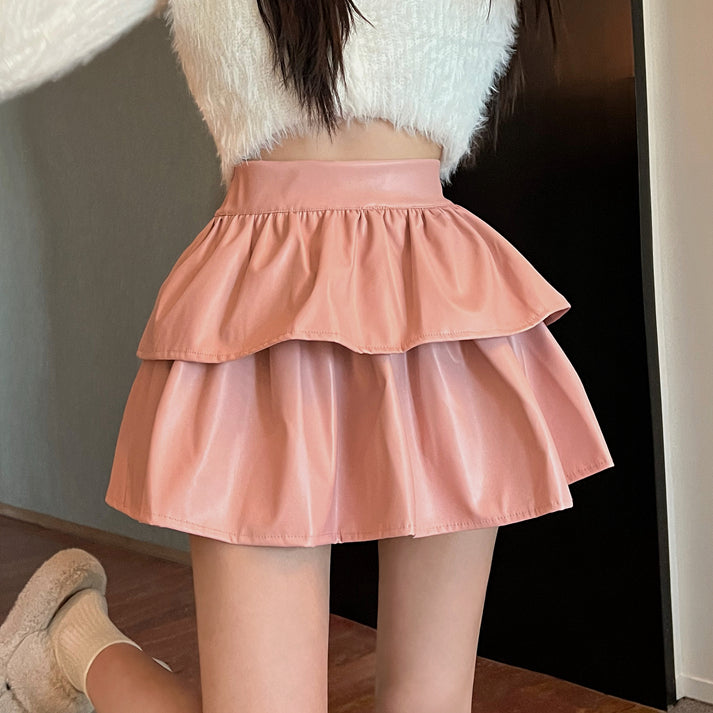 Ruffled Puffy Solid Color High Waist Short Leather Skirt